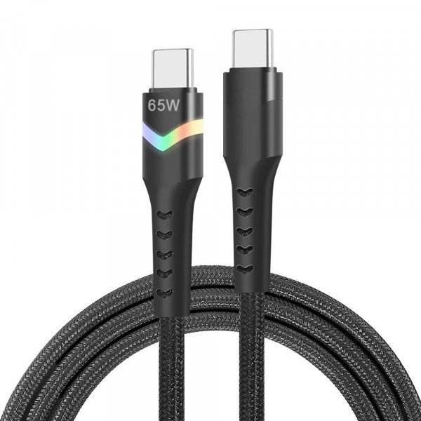 65W Fast Charging 3FT USB-C to USB-C Durable Nylon Braided Cable with LED Light (Black)