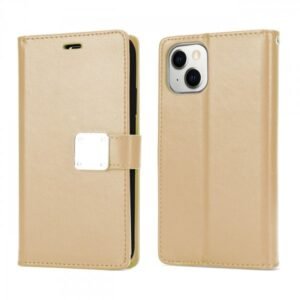 Multi Pockets Folio Flip Leather Wallet Case with Strap for iPhone 17e / 16e / 14 (Gold)